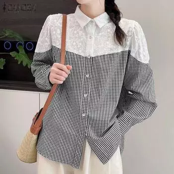 ZANZEA Women Lace Crochet Patchwork Casual Long Sleeve Plaid Blouse S чёрный