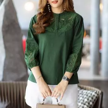 ZANZEA Women Lace Patchwork Round Neck Loose Casual 3/4 Sleeve Blouse S