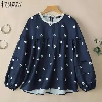 ZANZEA Women Lace Splice Round Neck Long Sleeve Casual Floral Blouse S темно-синий