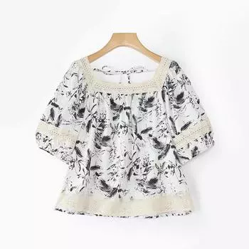 ZANZEA Women Lace Splice Square Collar Summer Short Sleeve Floral Blouse S
