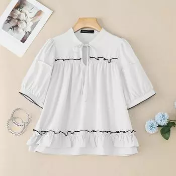ZANZEA Women Lace Up Round Neck Casual Short Sleeve Blouse S белый