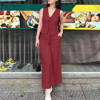 ZANZEA Women Lace Up Tank Tops and Pants Summer Two Piece Suit Sets S бежевый