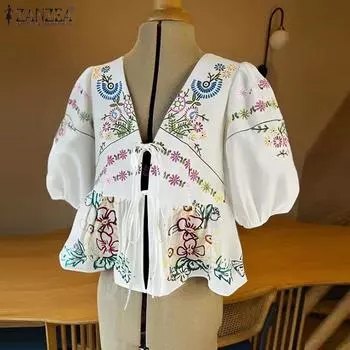 ZANZEA Women Lace Up V-Neck Half Sleeve Casual Print Cover Up Blouse S белый