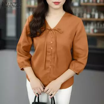 ZANZEA Women Lace Up V-Neck Looe 3/4 Sleeve Blouse S фиолетовый