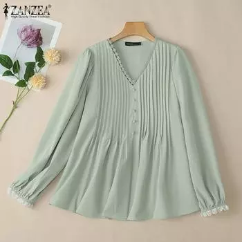 ZANZEA Женская кружевная повседневная блузка с V-образным вырезом и длинным рукавом S белый