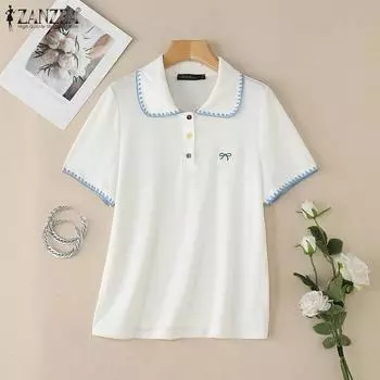 ZANZEA Women Lapel Neck Short Sleeve Stitching Embroidery Casual Tops Blouse M
