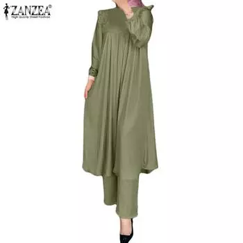 ZANZEA Женская длинная блузка и брюки в стиле ретро, повседневный комплект из двух предметов 3XL розовый