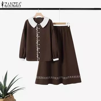 ZANZEA Women Long Sleeve Blouse and Casual Skirts Two Piece Suit Sets S чёрный