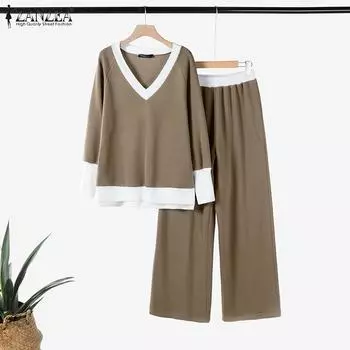 ZANZEA Женская блузка с длинным рукавом и брюки Весенний повседневный костюм-двойка S темно-зеленого