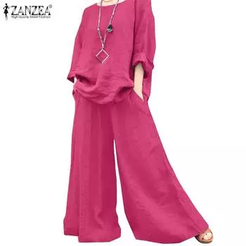 ZANZEA Women Long Sleeve Blouse and Trousers Casual Two Piece Sets 3XL коричневый