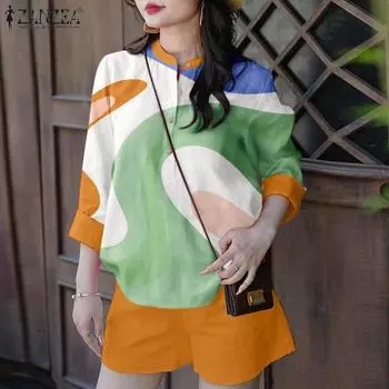 ZANZEA Women Long Sleeve Print Blouse and Shorts Casual Two Piece Suit Sets S оранжевый