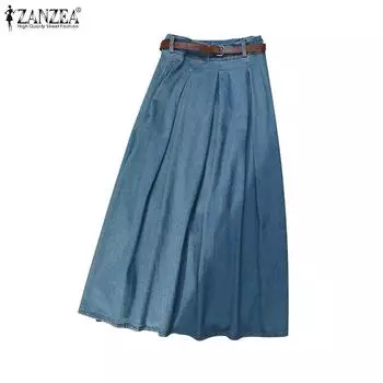 ZANZEA Женские свободные повседневные летние синие джинсовые юбки с эластичной резинкой на талии 5XL чёрный
