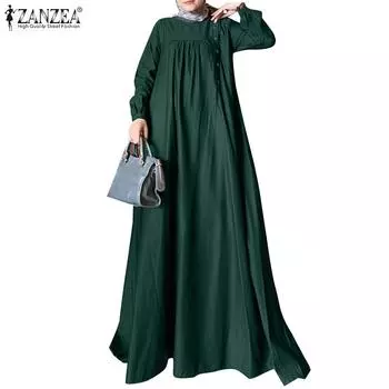 ZANZEA Women Loose Casual O-neck Solid Color Long Sleeve Dress