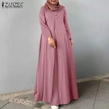 ZANZEA Women Loose Casual Round Neck Long Sleeve Long Dress S розовый