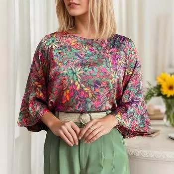 ZANZEA Women Loose Round Neck 3/4 Sleeve Casual Print Blouse S