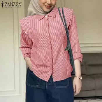 ZANZEA Women Loose Turn Down Collar Casual Long Sleeve Stripe Blouse 5XL красный