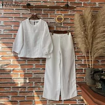 ZANZEA Women O-neck Lantern Sleeves Pockets Solid Color Straight Tops Trousers Outfits 3XL белый