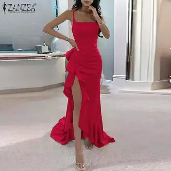 ZANZEA Women Party Sleeveless Waist Satin Ruffle Hem Suspender Dresses L вино красного