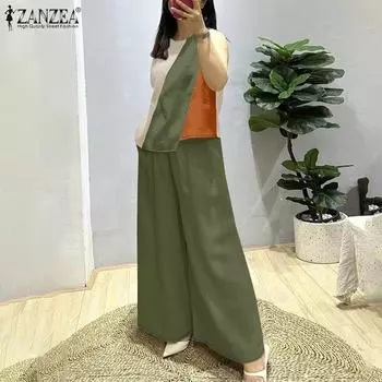 ZANZEA Women Patchwork Tank Tops and Pants Casual Two Piece Sets