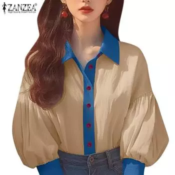 ZANZEA Women Patchwork Turn Down Collar 3/4 Sleeve Casual Blouse S хаки