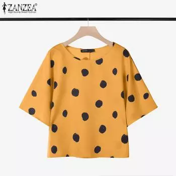 ZANZEA Women Polak Dot Print Loose Casual Short Sleeve Blouse L жёлтый
