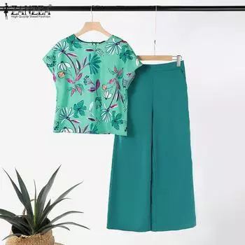 ZANZEA Women Print Blouse and Pants Casual Holiday Two Piece Suit Sets