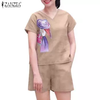 ZANZEA Women Print Blouse and Shorts Summer Two Piece Suit Set