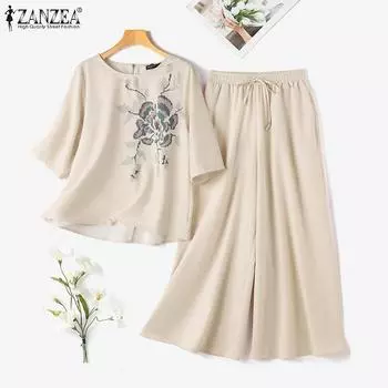 ZANZEA Women Print Blouse and Wide Leg Pants Casual Two Piece Suit Sets