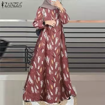 ZANZEA Women Print Casual Long Sleeve Round Neck Long Dress S чёрный