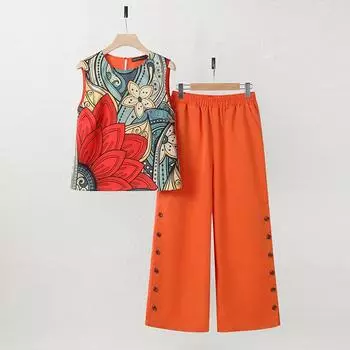 ZANZEA Women Print Tank Tops and Pants Casual Two Piece Suit Set 4XL белый