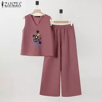 ZANZEA Women Print Tank Tops and Pants Summer Two Piece Suit Sets 4XL белый