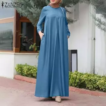 ZANZEA Women Retro Casual Round Neck Long Sleeve Loose Dress S синий