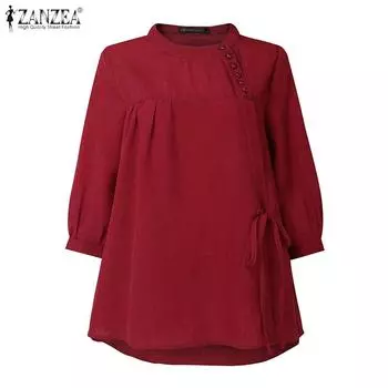 ZANZEA Women Round Neck 3/4 Sleeve Side Buttons Lace-up Irregular Casual Blouse красный