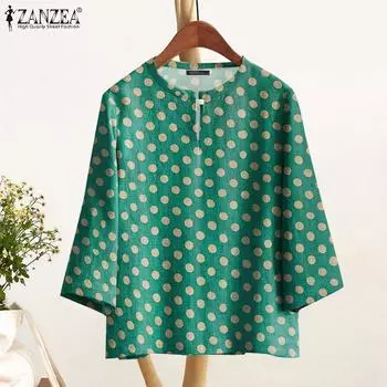 ZANZEA Women Round Neck 3/4 Sleeve Loose Casual Polka Dot Print Blouse S зелёный