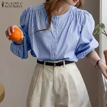 ZANZEA Women Round Neck Bubble Long Sleeve Striped Shirts S зелёный