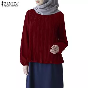 ZANZEA Women Round Neck Casual Long Sleeve Pleated Blouse S тёмно-синий