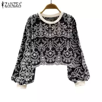 ZANZEA Женская повседневная блузка с круглым вырезом и длинным рукавом с принтом M оранжевый