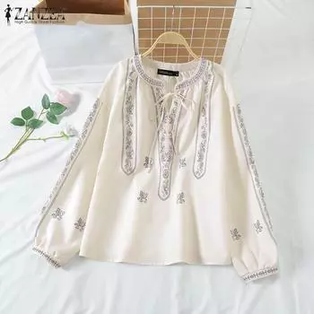 ZANZEA Women Round Neck Long Sleeve Lace Up Printed Shirts Blouse S бежевый
