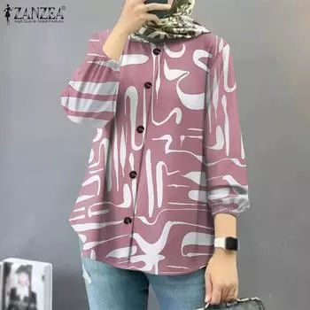 ZANZEA Women Round Neck Long Sleeve Loose Print Blouse S чёрный