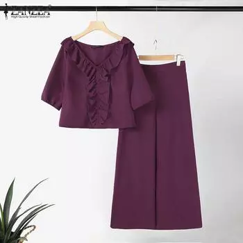 ZANZEA Женские повседневные комплекты из двух предметов: блузка с оборками и брюки S чёрный