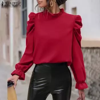 ZANZEA Women Ruffles Round Neck Casual Long Sleeve Blouse S красный