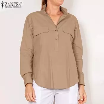 ZANZEA Женская однотонная свободная блузка с воротником рубашки и карманом на пуговицах с длинными рукавами