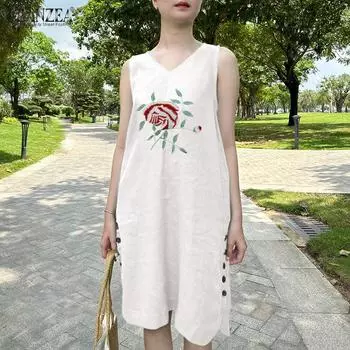 ZANZEA Women s Summer Casual V-Neck Sleeveless Embroidered Print Loose Dress