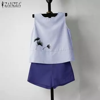 ZANZEA Women s Summer Round Neck Sleeveless Striped Printed Vest Shorts Sets розовый