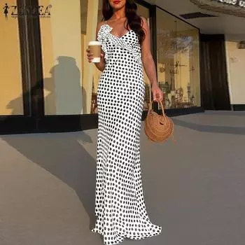 ZANZEA Women Sexy V-Neck Sleeveless Backless Polak Dot Print Sling Long Dress XL белый