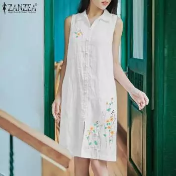 ZANZEA Women Shirt Collar Sleeveless Printed Straight Solid Color Loose Dress