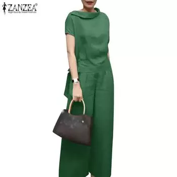 ZANZEA Женская блузка с коротким рукавом и брюки Летние комплекты-двойки S белый