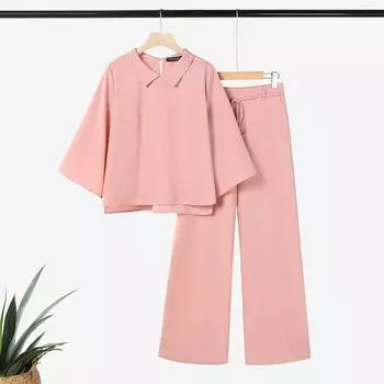 ZANZEA Women Short Sleeve Blouse and Pants Casual Two Piece Suit Sets 4XL розовый