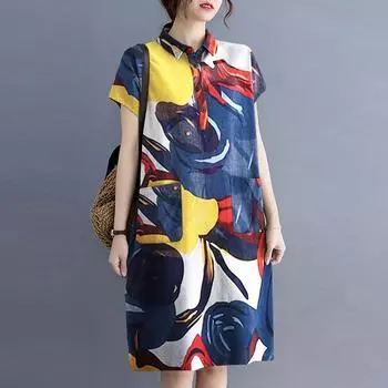 ZANZEA Women Short Sleeve Loose Turn-Down-Collar Printing Shirt Dress M синий