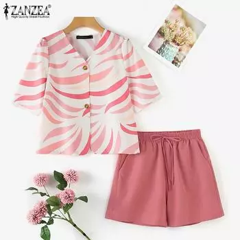 ZANZEA Women Short Sleeve Print Blouse and Shorts Summer Two Piece Sets